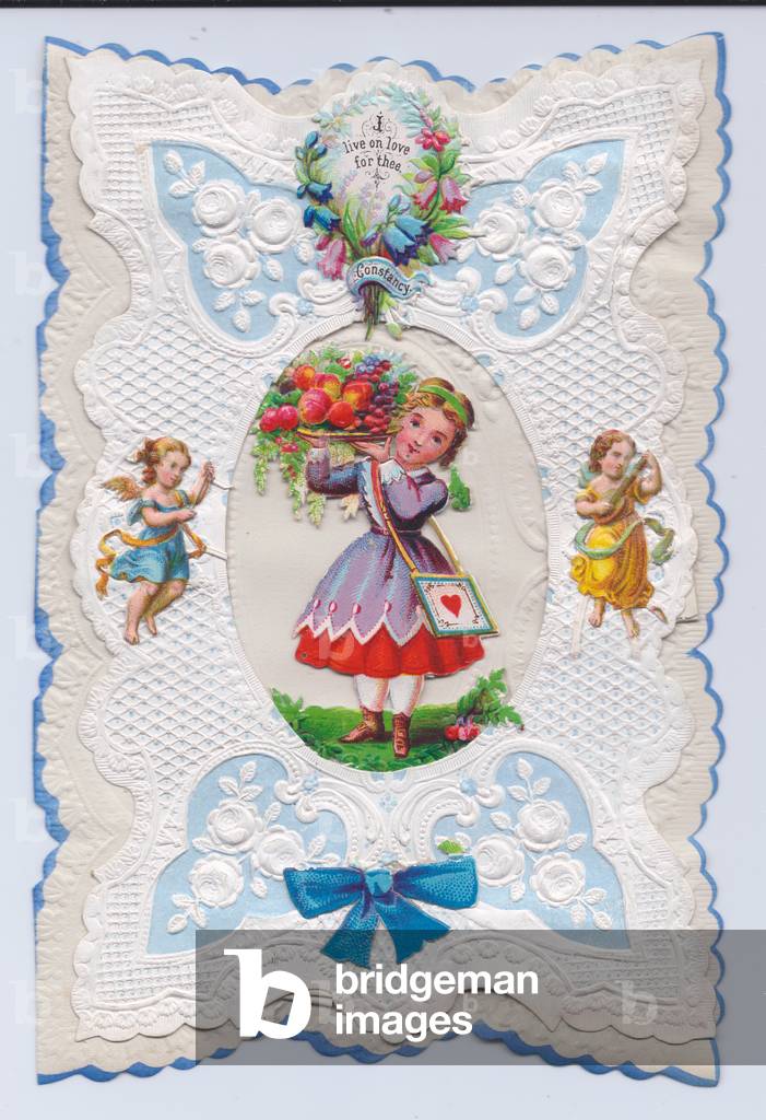 A Victorian decoupage embossed paper lace greeting card of a girl carrying a tray of fruit with angel paper scraps on either side of her, c.1880 (colour litho)