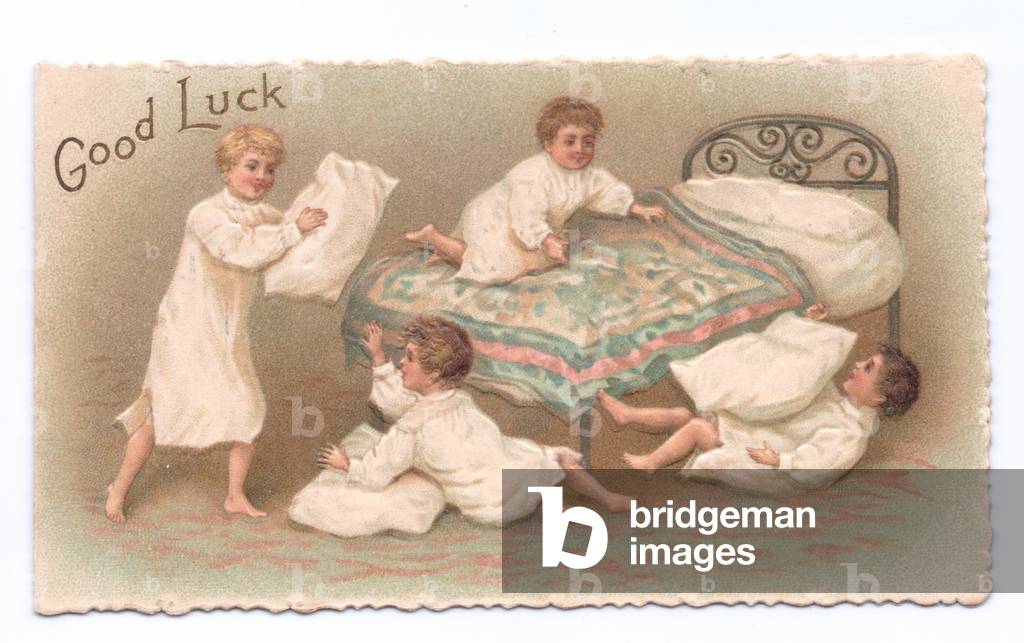 A Victorian good luck card of four boys having a pillow fight, c.1880 (colour litho)