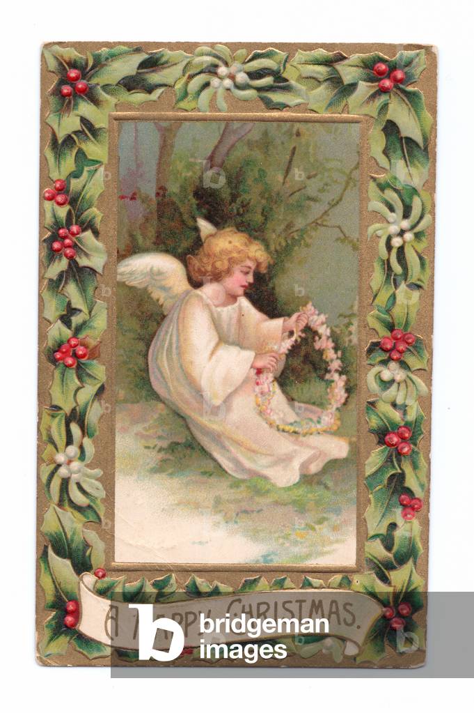 Edwardian Christmas postcard of an angel holding a garland of flowers, c.1910 (colour litho)