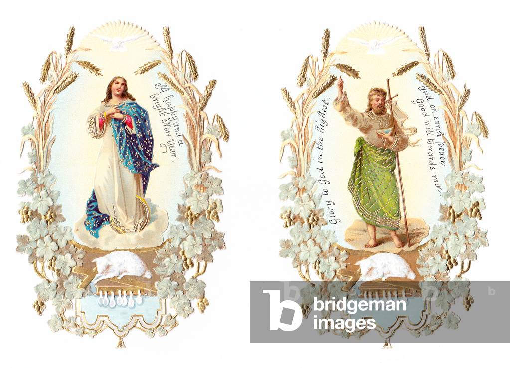 A New Year Victorian Paper Scrap Relief of two holy images, c.1880 (colour litho)