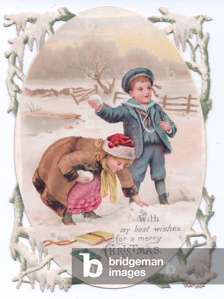 A Victorian Christmas card of a boy dressed as a sailor and a girl throwing snowballs, c.1880 (colour litho)