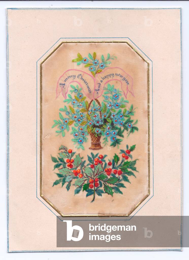 A Victorian Christmas and New Year greeting card of hand painted holly and flowers in a wicker basket, c.1880 (colour litho)