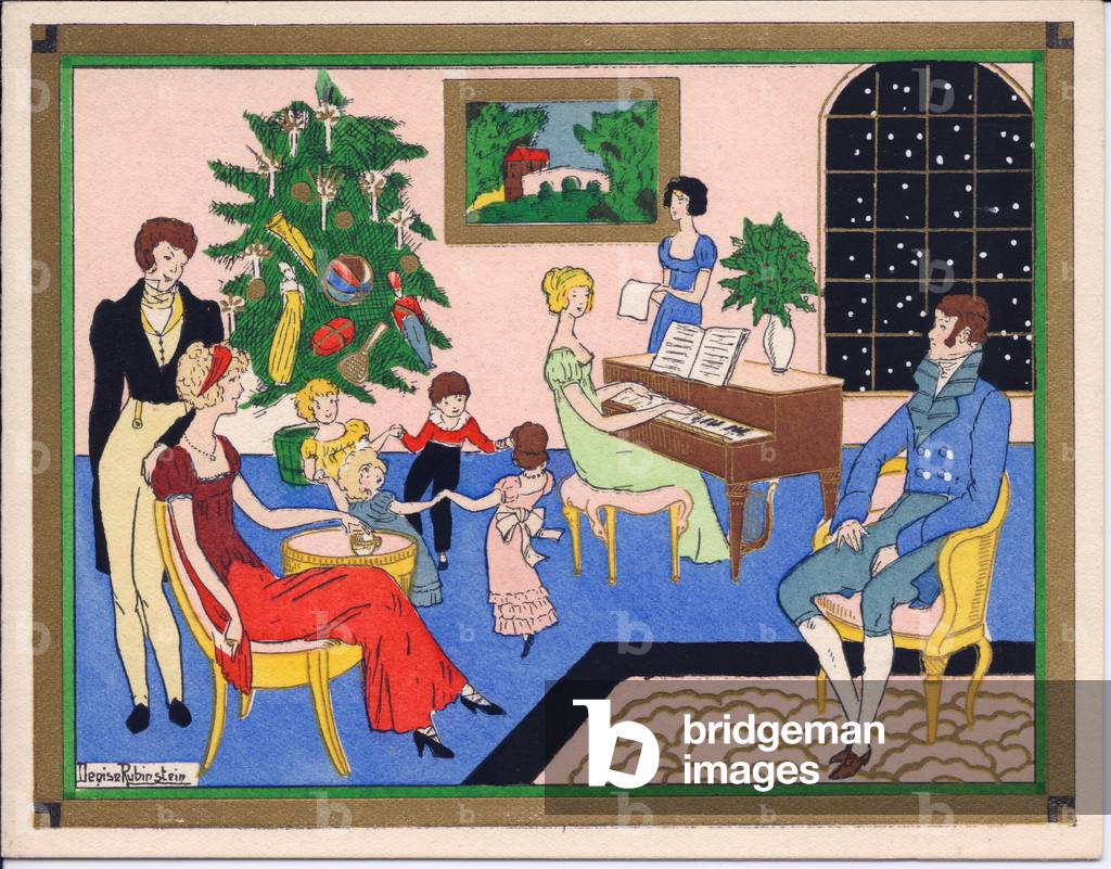 A hand-coloured French Pochoir Christmas card of a Regency families Christmas party, with dancing and musical entertainment, circa 1920 (stencil)