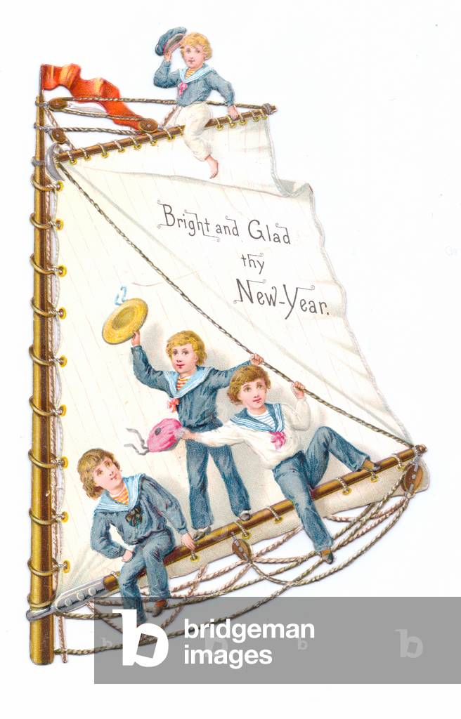 A Victorian die-cut shape New Year card of four boys in sailor costume on the mast of a sailing vessel, c.1880 (colour litho)