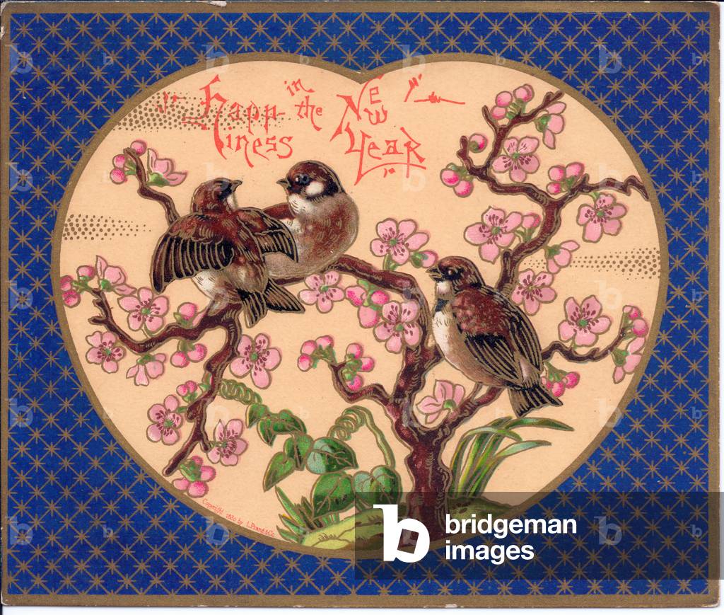 A Victorian New Year card of birds on a branch of cherry blossoms, c.1880 (colour litho)