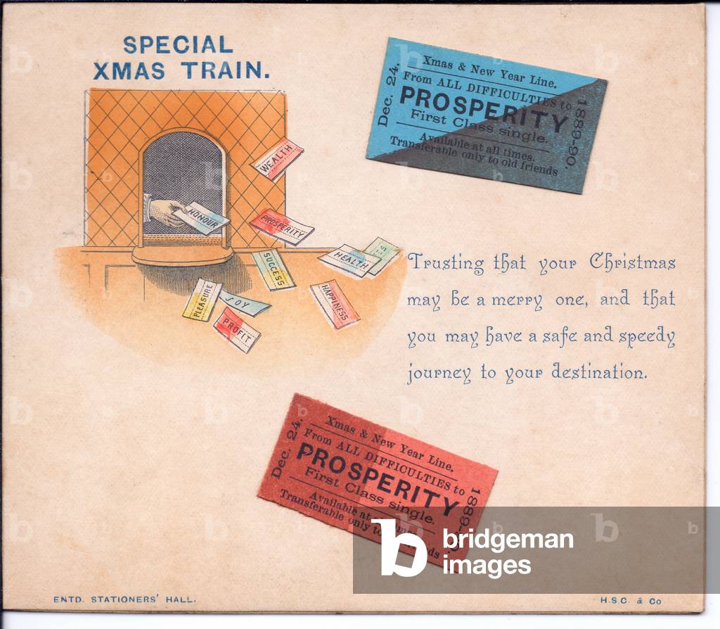 A Victorian Christmas  and New Year card of a hand at a ticket office throwing train tickets, c.1890 (colour litho)