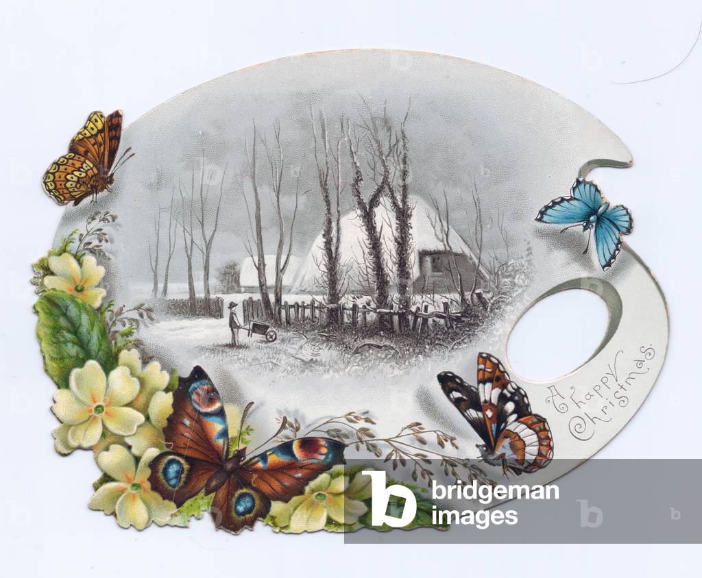A Victorian die-cut shape Christmas card of an artist palette decorated with buttercups and butterflies with an image of a cottage covered with snow on it, c.1880 (colour litho)