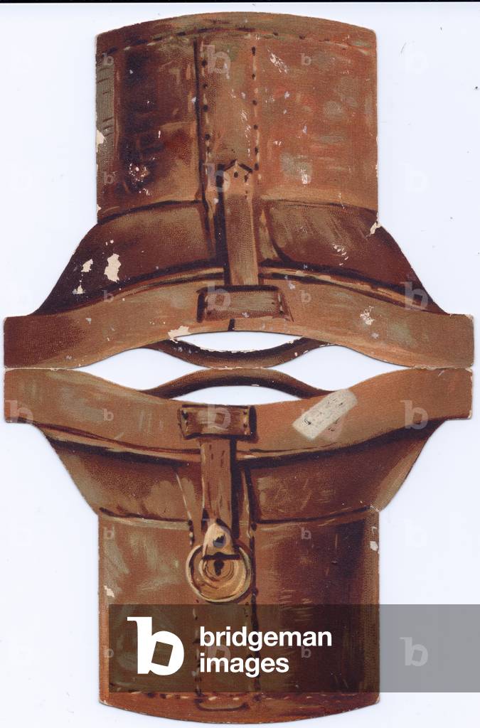 A Victorian die cut greeting card in the shape of a leather travelling hat box, c 1880 (colour litho)