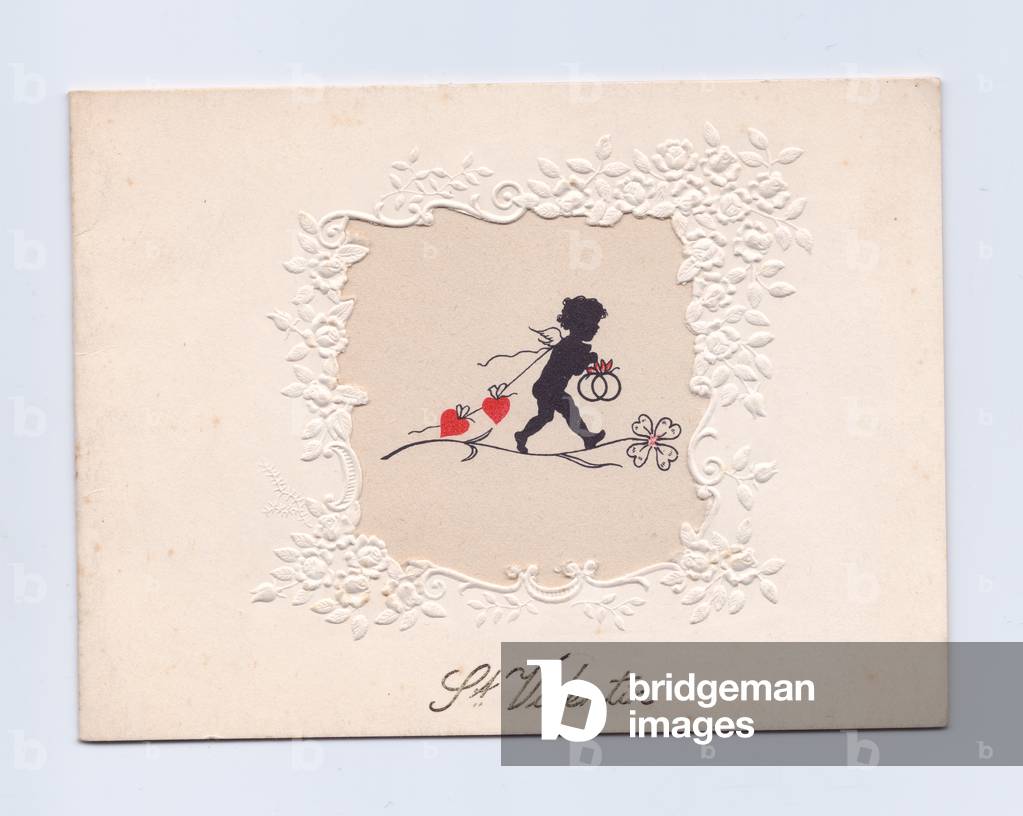 A Victorian embossed and engraved Valentine card of a silhouette of cupid dragging two hearts behind him, c.1880 (colour litho)