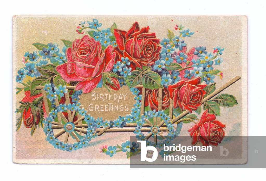 Edwardian Birthday postcard of a cart filled with roses and forget-me-nots, c.1910 (colour litho)