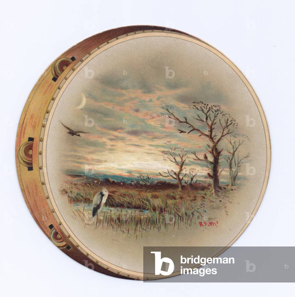 A Victorian die-cut shape card of a tambourine with an image of birds at sunset on it, c.1880 (colour litho)
