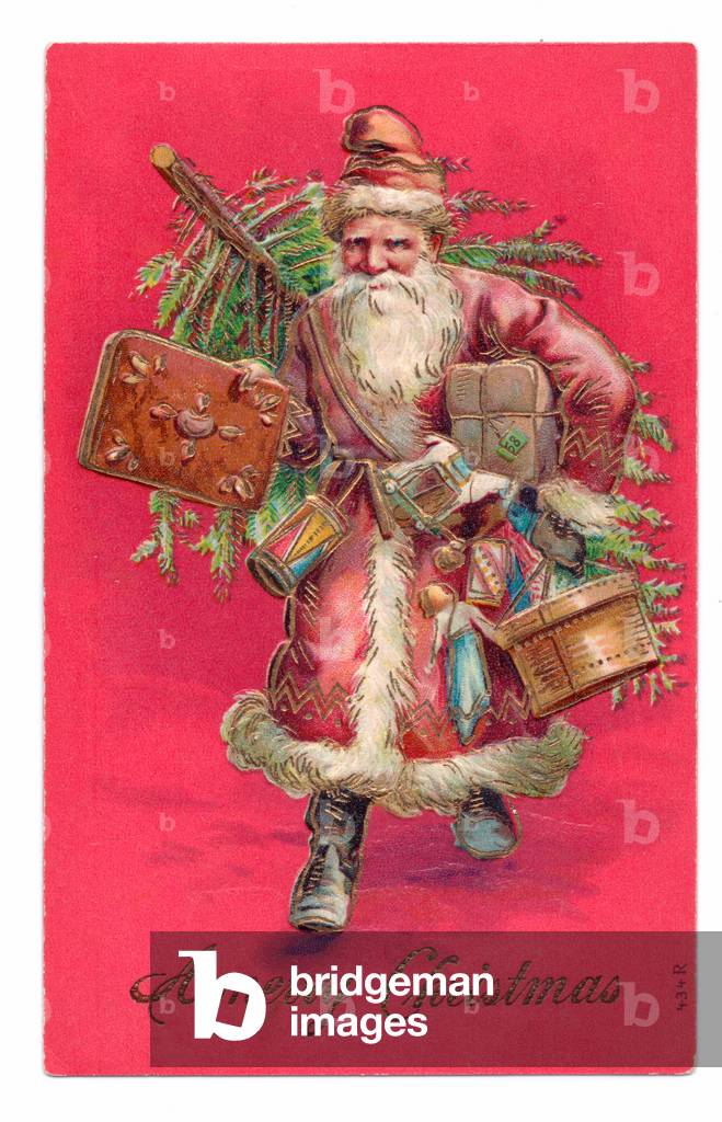 Edwardian Christmas postcard of Father Christmas with toys and gifts under one arm and a Christmas tree on his back, c.1910 (colour litho)