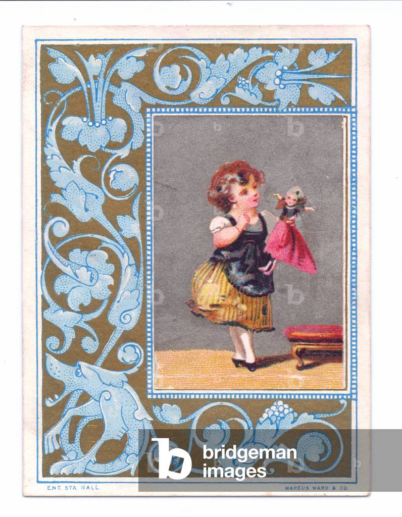 A Victorian greeting card of a girl holding a doll, c.1880 (colour litho)