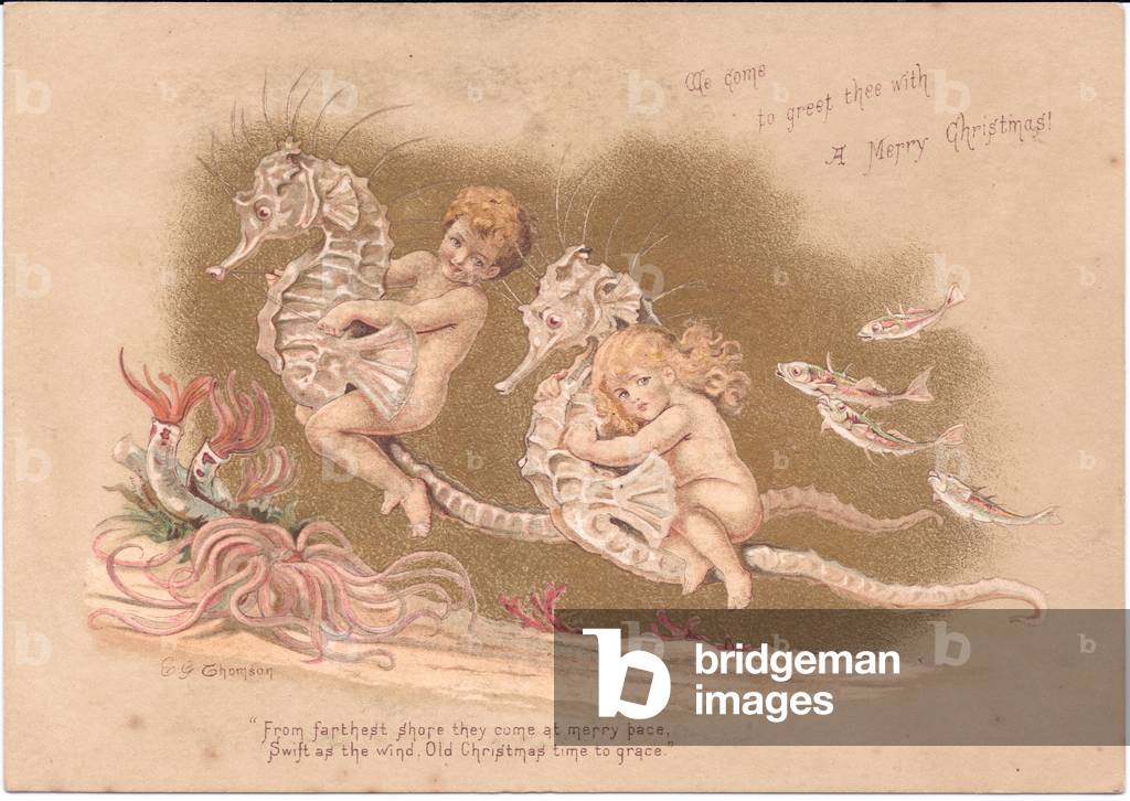 A Victorian Christmas card of two water babies riding a seahorse with sea anemones and a shoal of fish, by Gertude Thompson, c.1895 (colour litho)