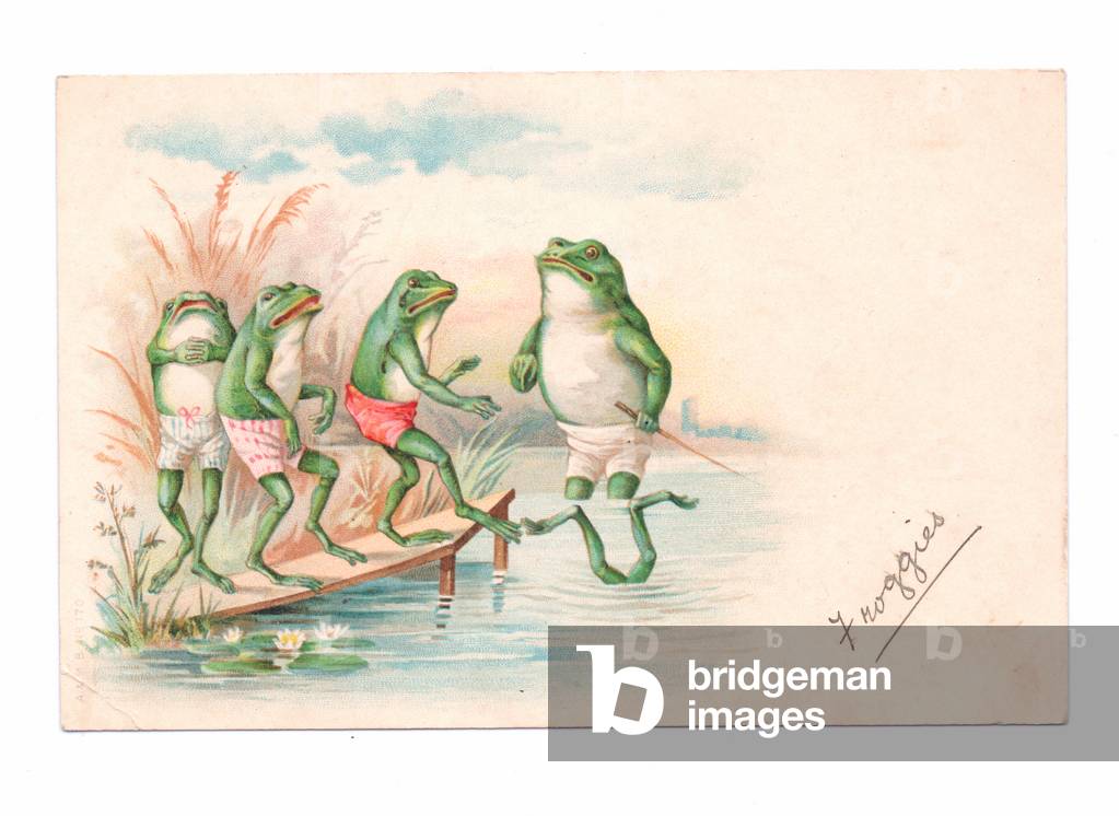 Edwardian postcard of a quartet of frogs wearing swimming trunks at a pond,  c.1910 (colour litho)