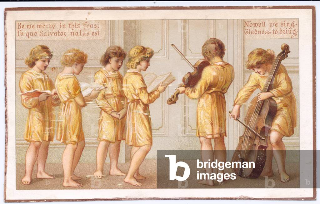 A Victorian greeting card of a group of boys playing musical instruments and singing hymns, c.1880 (colour litho)