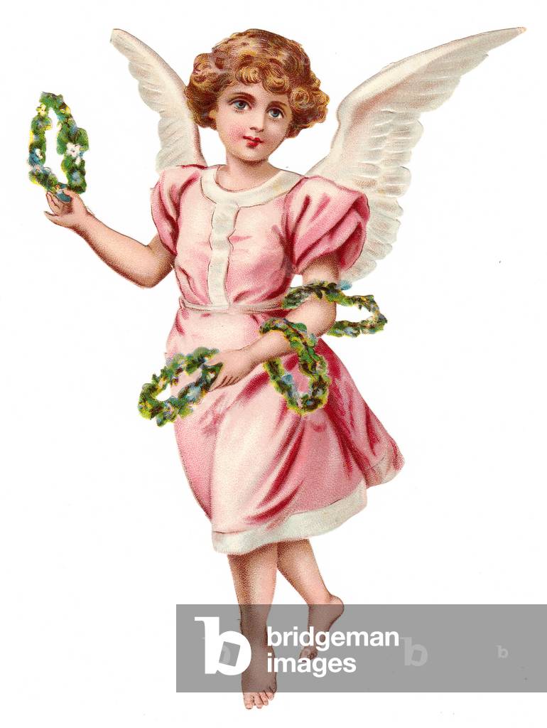 A Victorian Paper Scrap Relief of an angel holding garlands of flowers, c.1880 (colour litho)