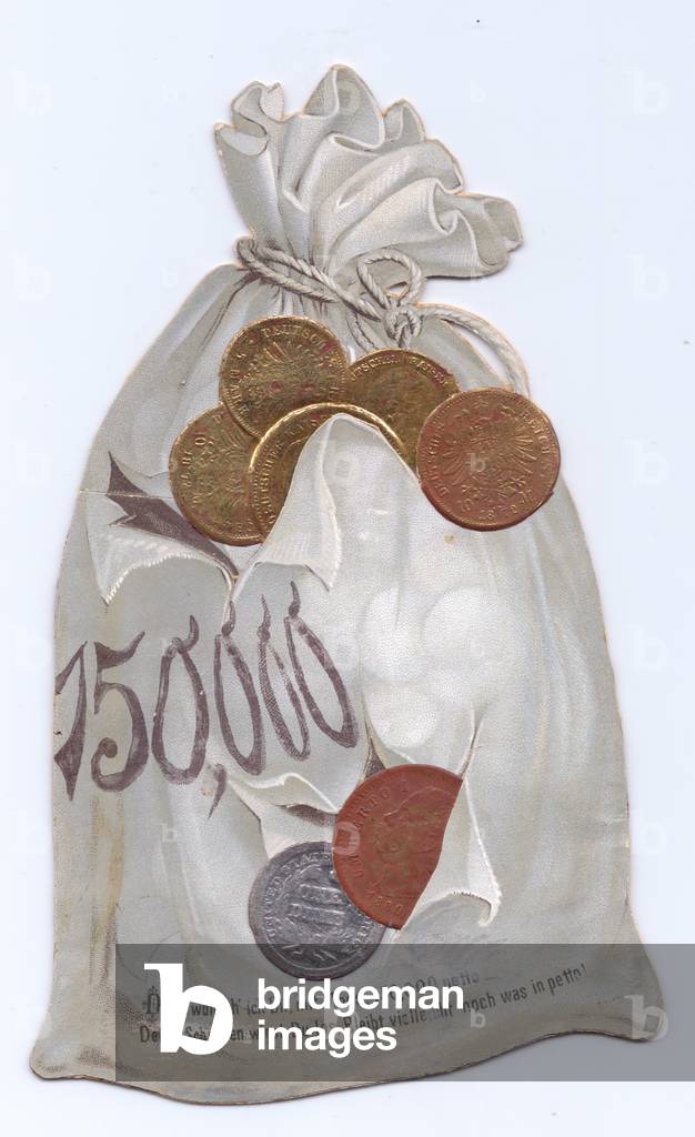 A Victorian die-cut greeting card of a bag of coins, c. 1880 (colour litho)