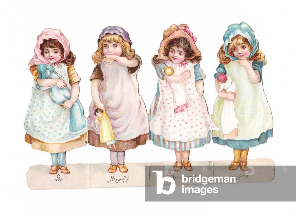 A Victorian die cut Christmas card in the shape of a four girls wearing bonnets and scarves holding dolls, c 1880 (colour litho)