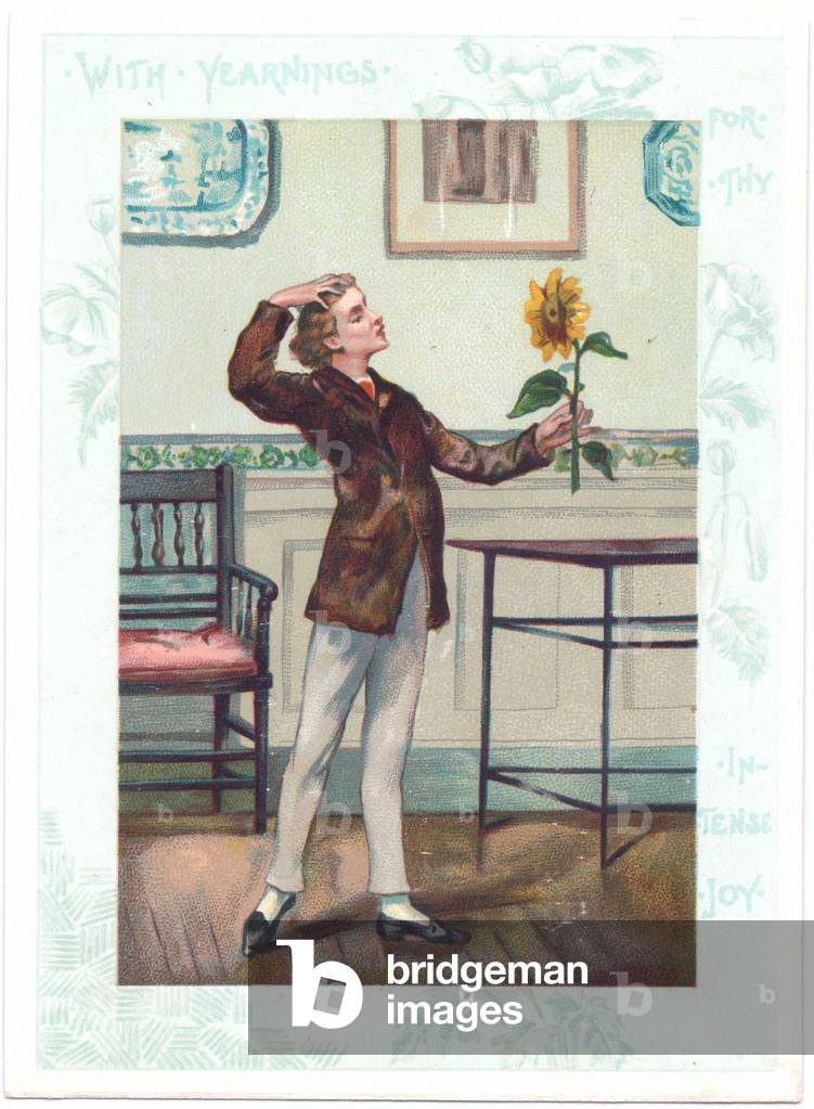 The flower gazer Victorian Greeting Card of an Aesthetic adoring a sunflower in ectasy, c.1881 (colour litho)
