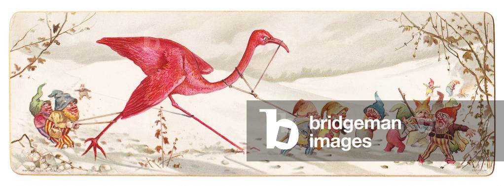 A Victorian Christmas card showing a malicious party of elves leading away a captured flamingo in the snow c.1880 (colour litho)