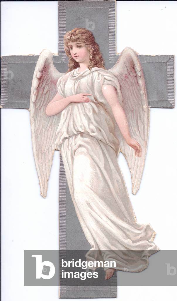 A Victorian Paper Scrap Relief of an angel in front of a cross, c.1880 (colour litho)