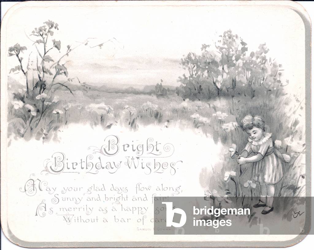 A Victorian monochrome birthday card of a girl picking flowers in a field, c.1880 (monochrome)