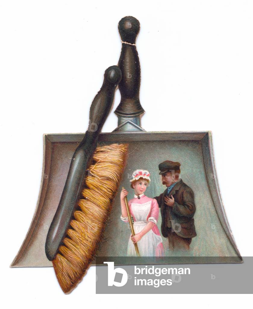 A Victorian die-cut shape card of a pan and brush with an image of a maid and chimney sweep on the pan, c.1880 (colour litho)