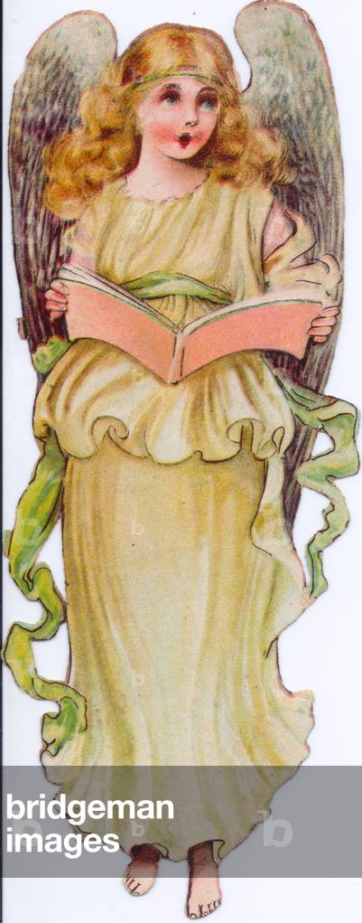 A Victorian Paper Scrap Relief an angel holding an open book, c.1880 (colour litho)