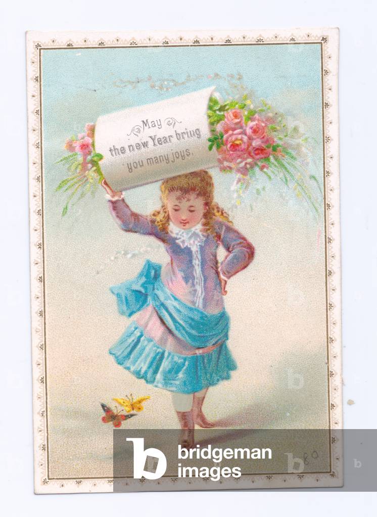 A Victorian New Year card of a of a girl carrying a bundle of flowers on her head, c.1880 (colour litho)