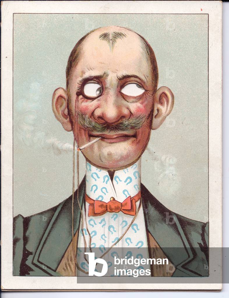 A Victorian moving greeting card of bald gentleman wearing a bow tie and a monocle whose eyes move, c.1880 (colour litho)
