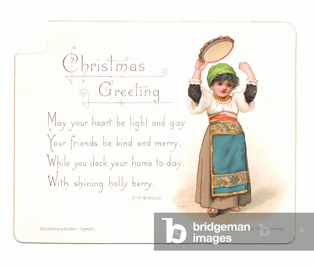 A Victorian Christmas card of a girl dressed in scarf and bead necklace and wearing a peasant outfit playing a tambourine, c.1880 (colour litho)