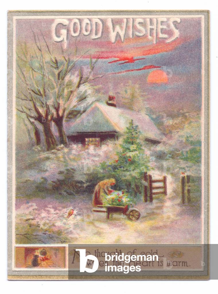Victorian greeting card of a woman bent over a wheelbarrow of flowers on a winters evening, c.1880 (colour litho)