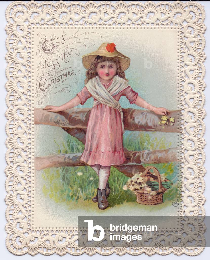 A Victorian Christmas Card of a girl leaning against a fence with a wicker basket of primroses all in an intricate square pierced paper-lace border, circa 1880 (coloured lithograph)