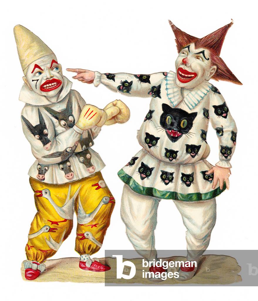 A Victorian Paper Scrap Relief of two clowns, c.1880 (colour litho)