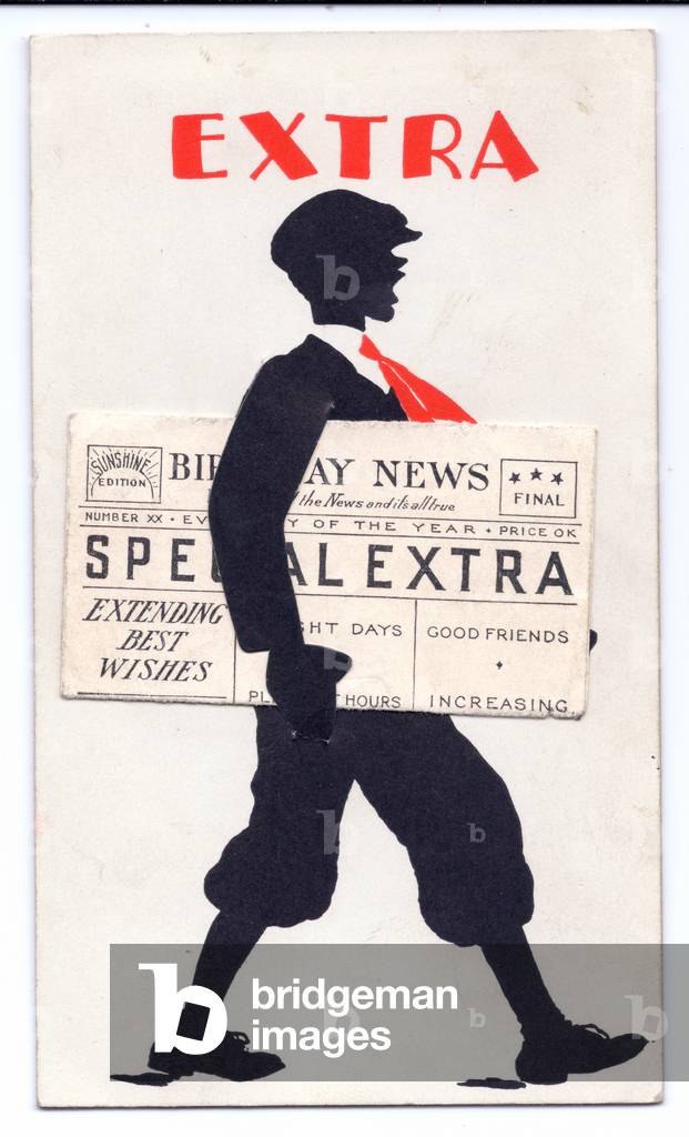 A birthday card of a newspaper seller with a 'special extra' newspaper under his arms, c.1940 (colour litho)