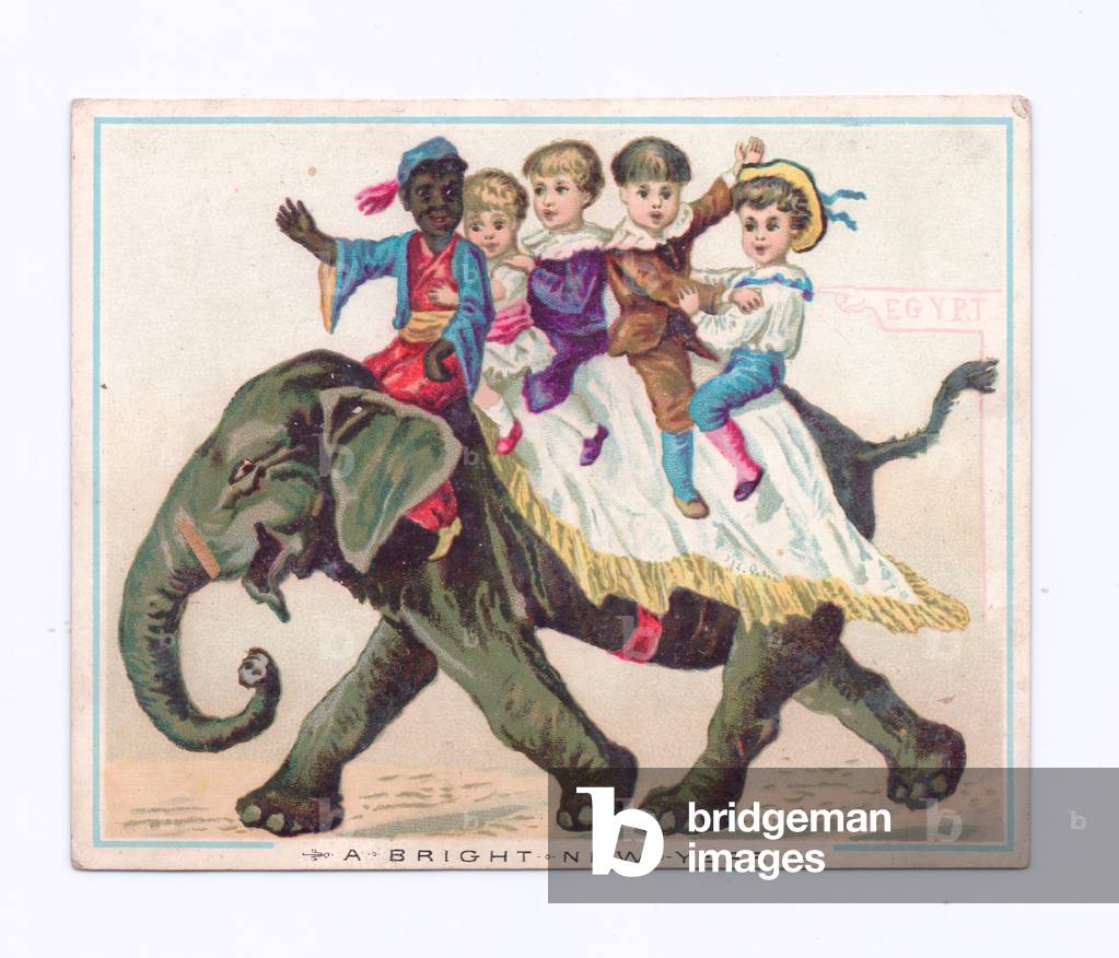 A Victorian New Year card of four children and a mahut riding an elephant, c.1880 (colour litho)