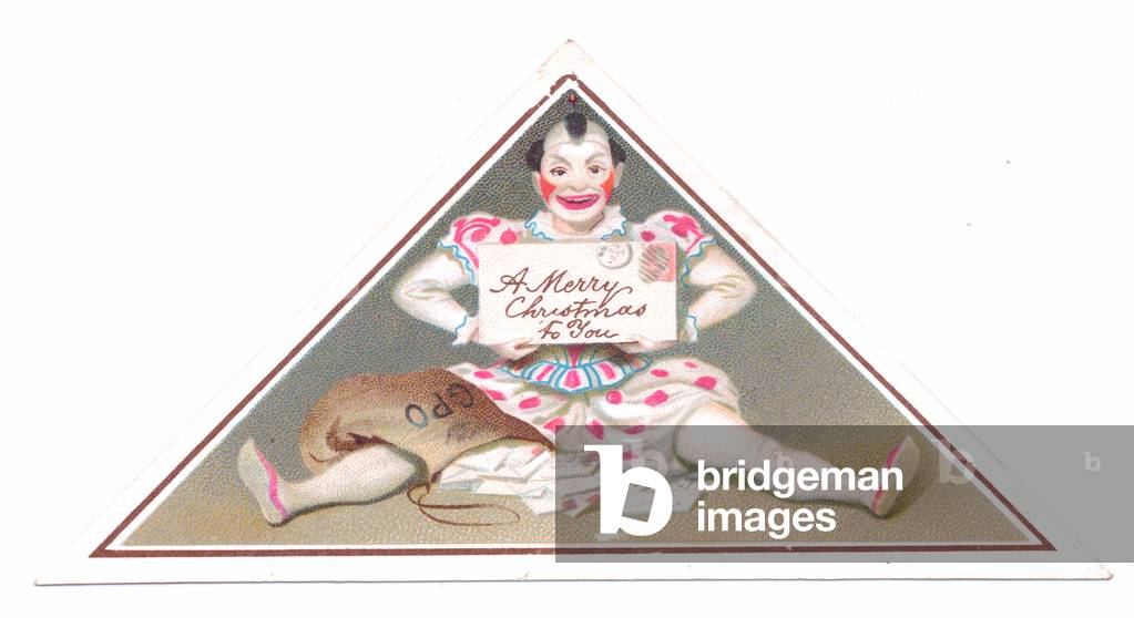 Victorian triangle shaped Christmas card of a sitting on the floor and holding a Christmas message, c.1880 (colour litho)