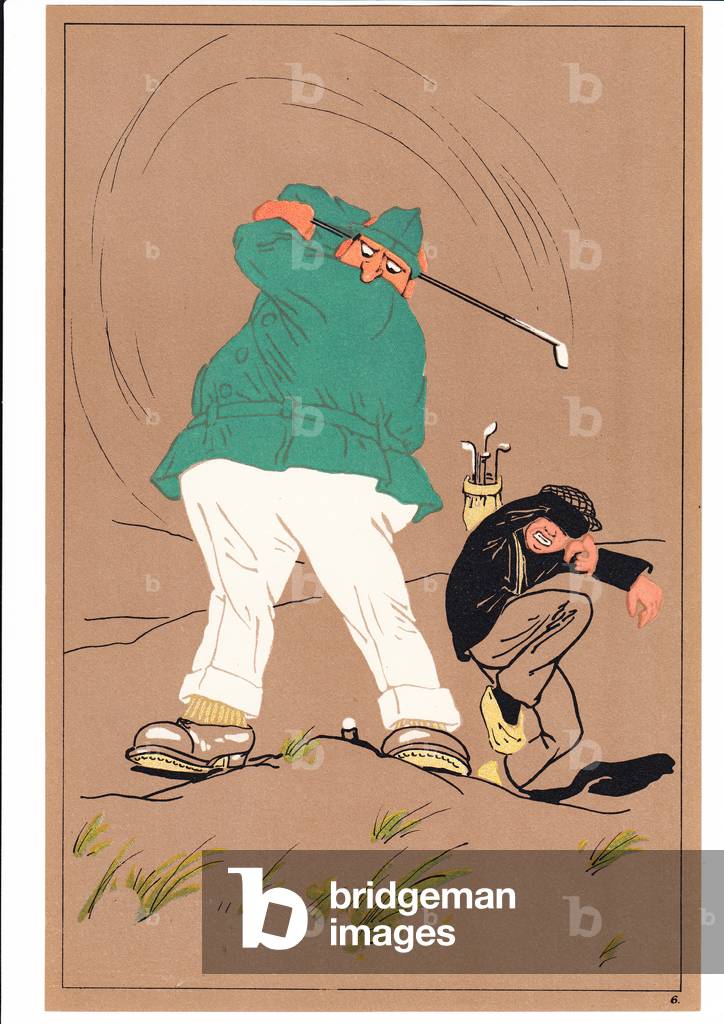 A print of two golfers in comic and humorous postures, c.1920 (colour litho)