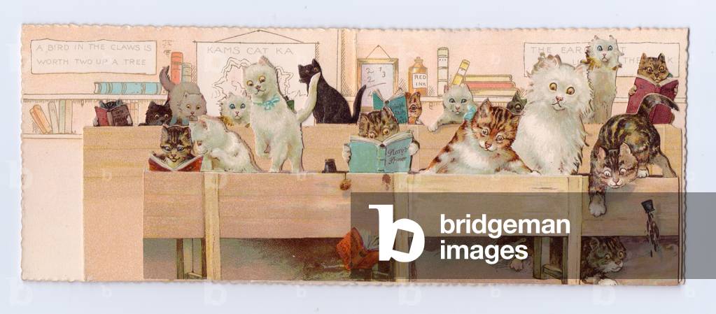 A Victorian greeting card of cats and kitten in a schoolroom, c.1880 (colour litho)