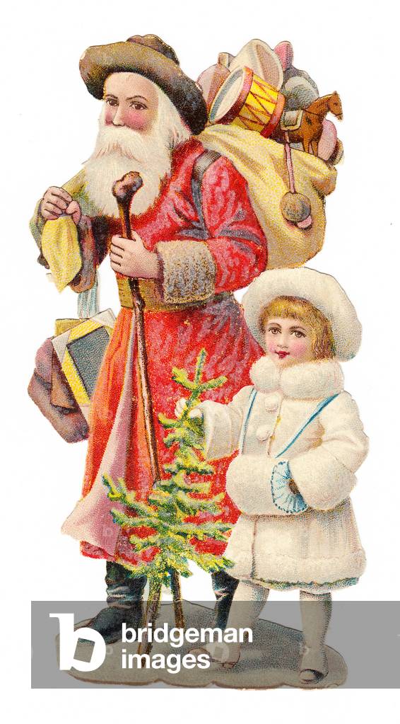 A Victorian Paper Scrap Relief of Father Christmas with a sack of toys across his shoulder and a girl with a fur trimmed outfit next to him, c.1880 (colour litho)