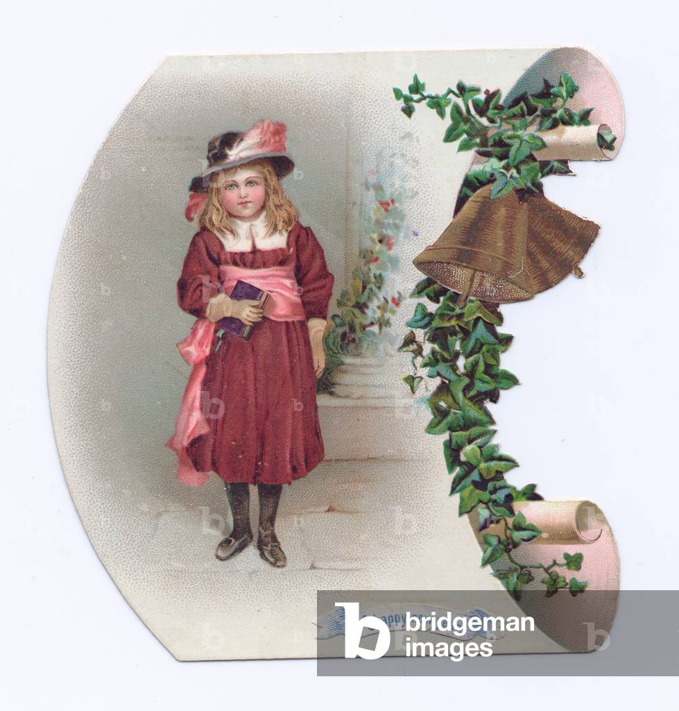 A Victorian die-cut shape New Year card of a scroll with an image of a girl wearing a hat with feathers and holding a book, c.1880 (colour litho)