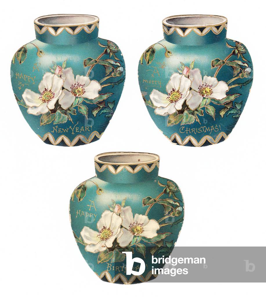 A Victorian die-cut shape Christmas, New Year and Birthday card of three vases with flower designs, c.1880 (colour litho)