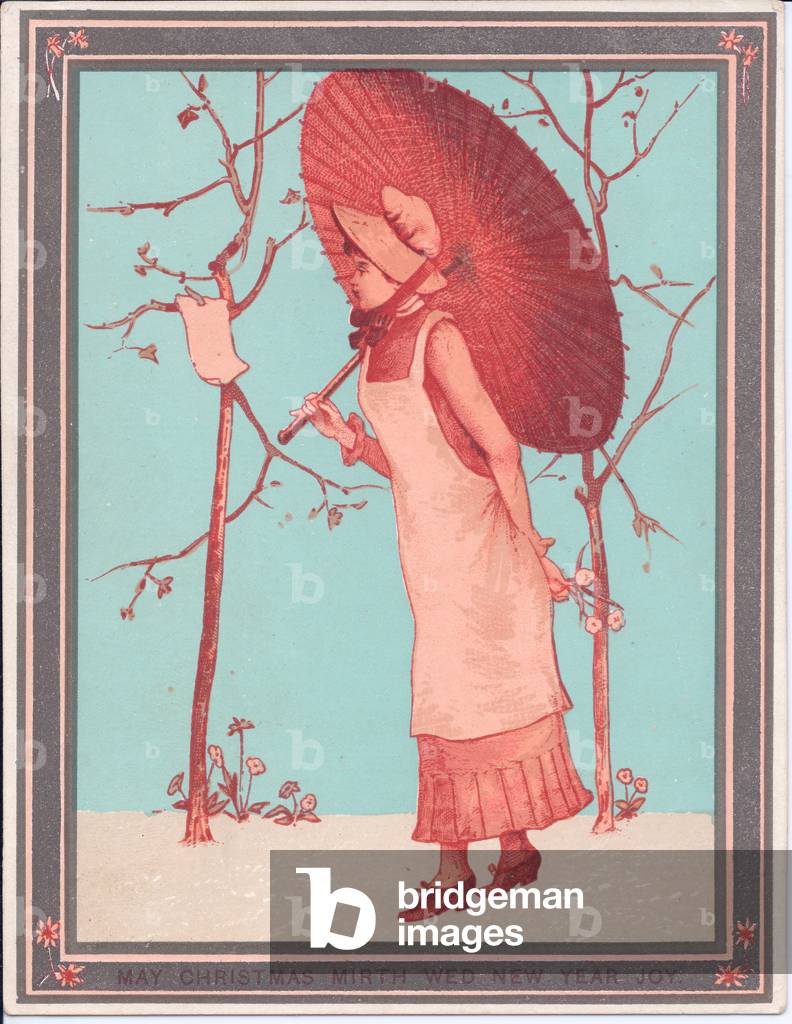Young woman walking, holding a parasol, c.1880 (colour litho)
