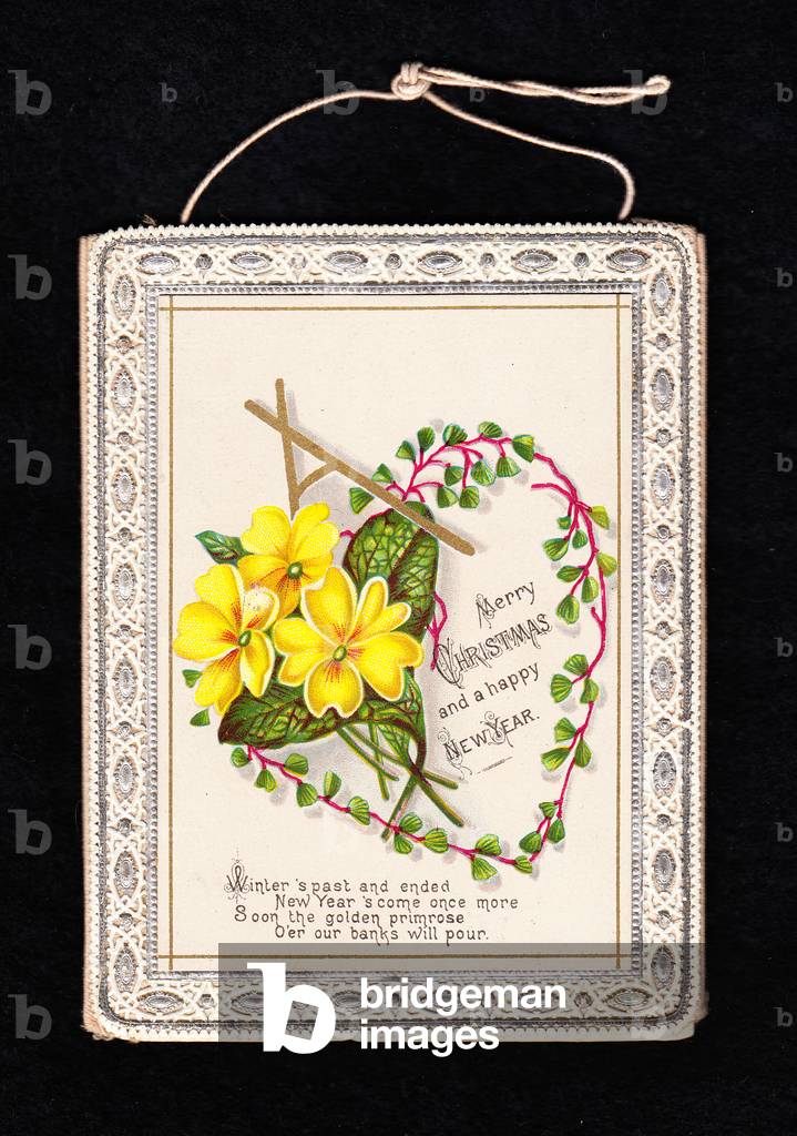 A Victorian deckle edge embossed front of a pop up Christmas and New Year card of primroses and foliage, c.1880 (colour litho)