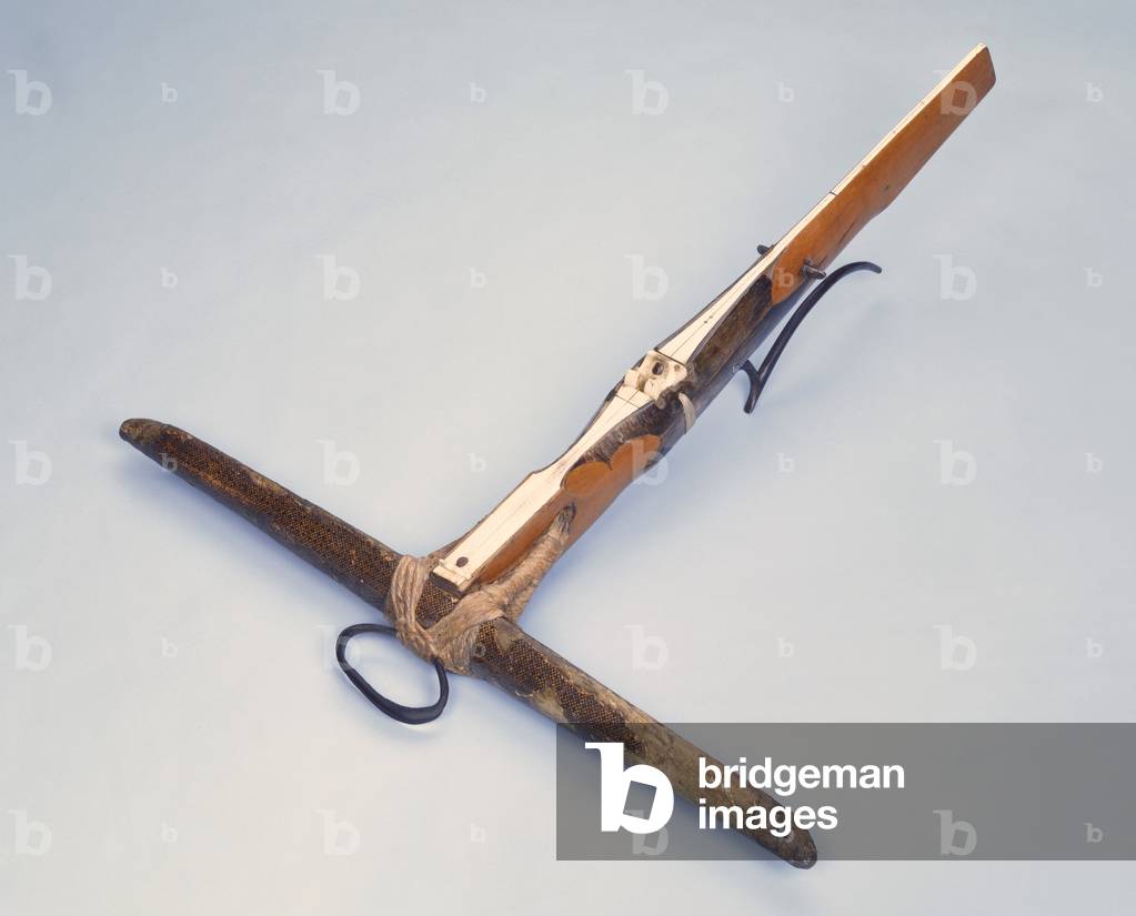 A Gothic sporting crossbow covered with birch bark overlaid with paper, late 15th century (wood, birch bark)