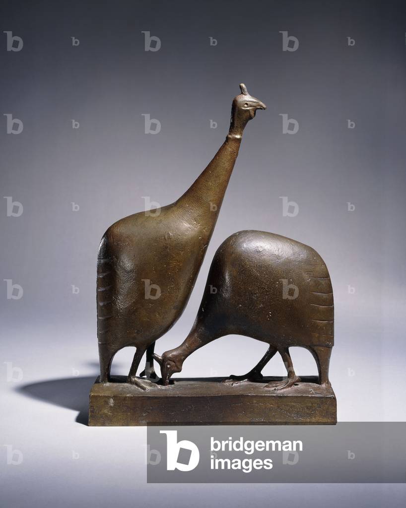 Two Guineafowl; Zwei Perlhuehnen, 1955 (bronze with green and brown patina)