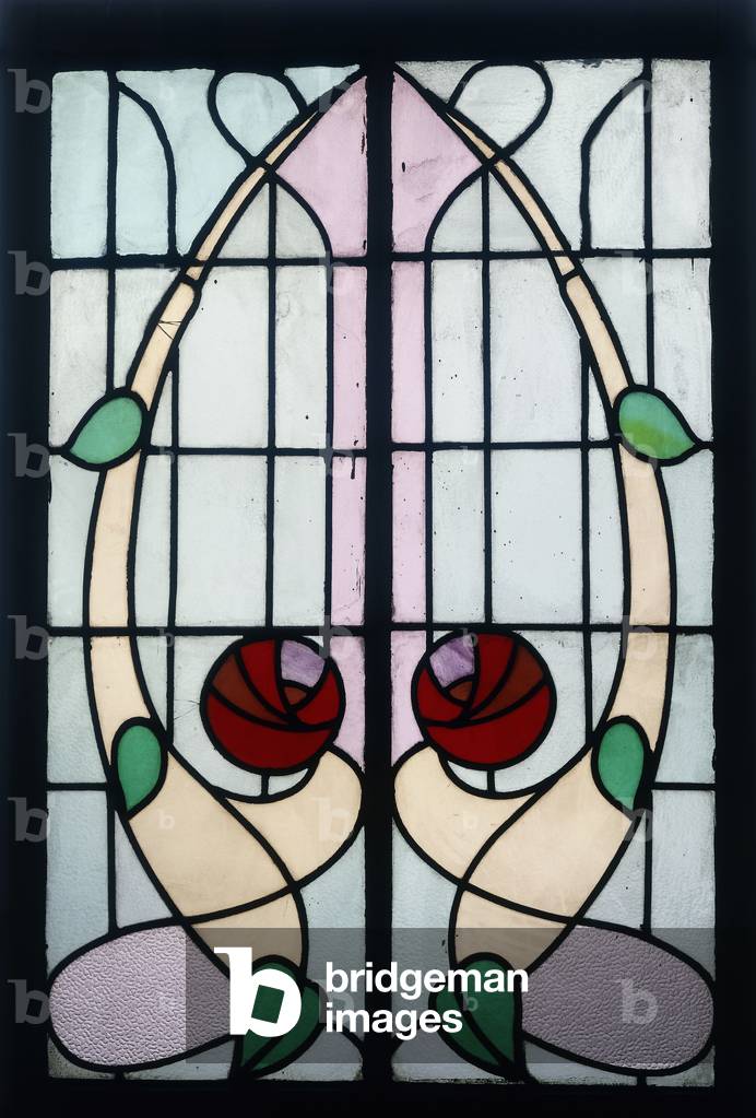 A stained glass panel depicting stylised roses (leaded stained glass, wooden frame)