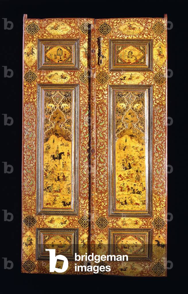 A pair of lacquer panelled doors, painted with Safavid style scenes of battle, 19th - early 20th century (lacquered wood)
