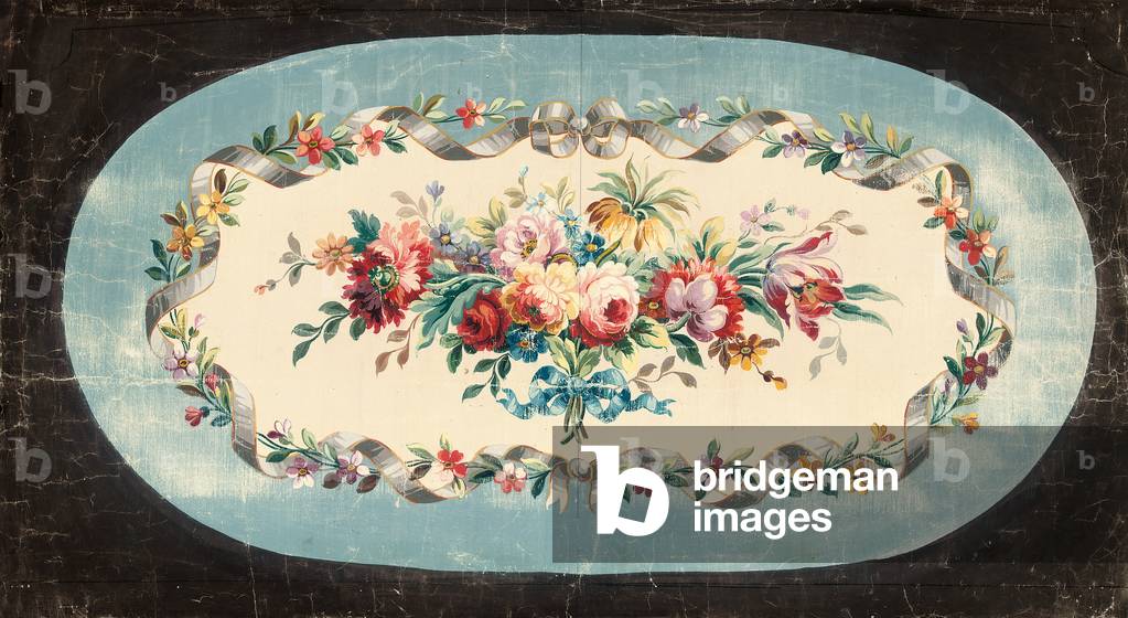 Aubusson design for a sofa back or seat back of sprays of mixed flowers within ribboned and floral borders (bodycolour on paper)
